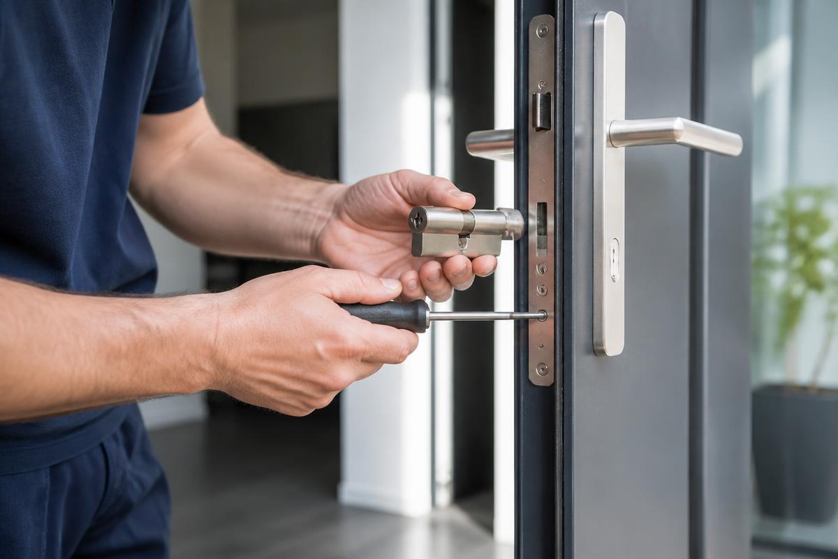 Technicien remplaçant le cylindre d’une serrure